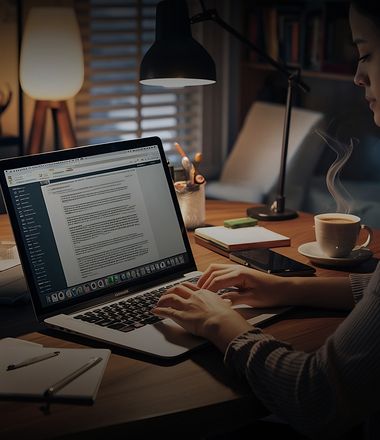A woman typing on a laptop at a cozy desk with documents, a notebook, and a cup of coffee beside them