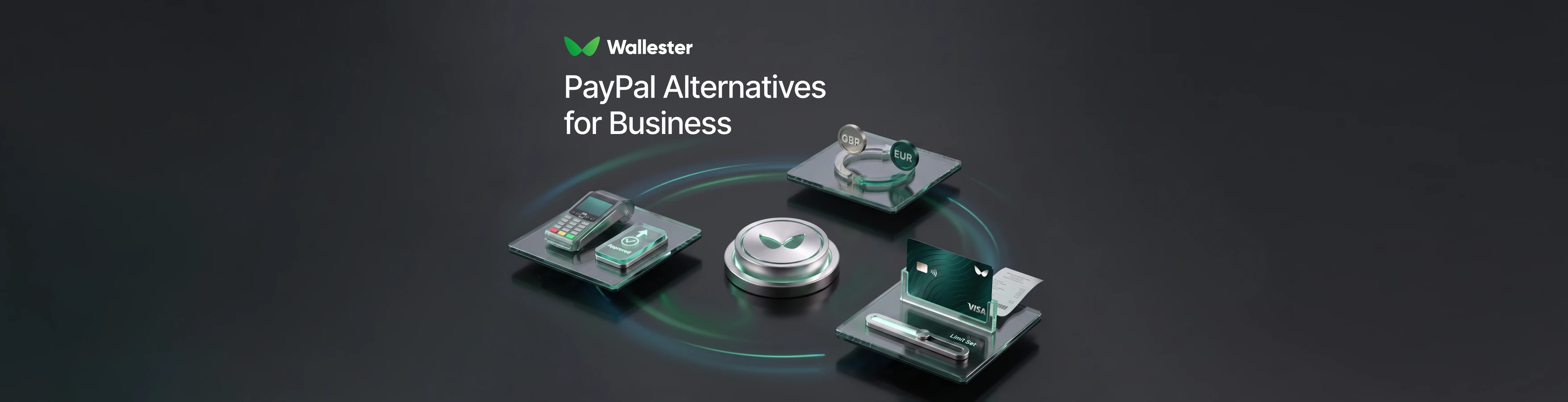 PayPal alternatives for business, illustrated by a payment terminal, currency exchange and a company card.