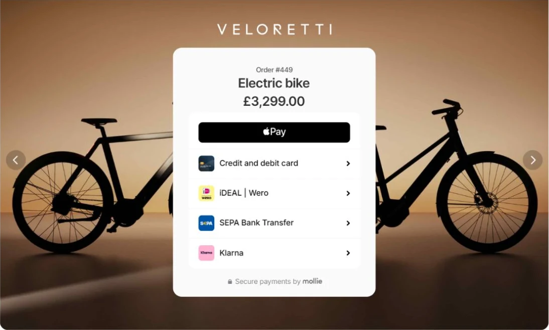 Mollie's public checkout example offering Apple Pay, cards, iDEAL/Wero, SEPA bank transfer and Klarna.