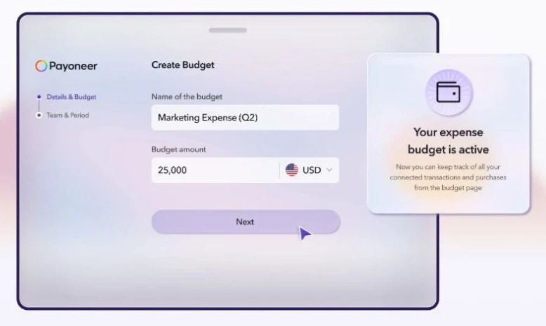 Payoneer's public demonstration of creating an expense budget with a name and spending amount.