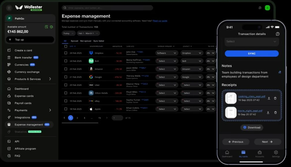 Wallester Business expense dashboard and mobile receipt attachment interface.