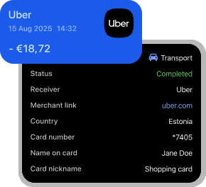 An Uber transaction showing the date, amount, and additional information such as card number and status