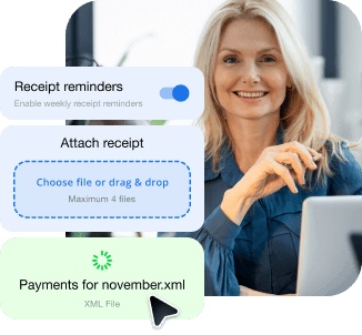 A woman sits at a laptop with an open interface with options to enable reminders, attach receipts, and upload a file
