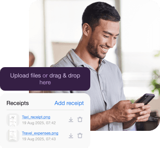 A man uses his smartphone to download files and receipts through the interface