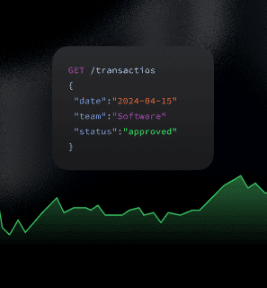 JSON code for a GET transactions request showing date, team, and approved status over a green line graph