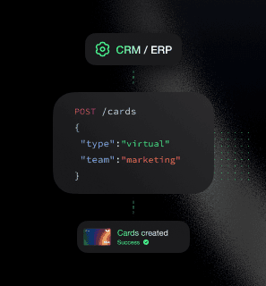 Diagram of a CRM system using a POST /cards API request to successfully create a virtual marketing card