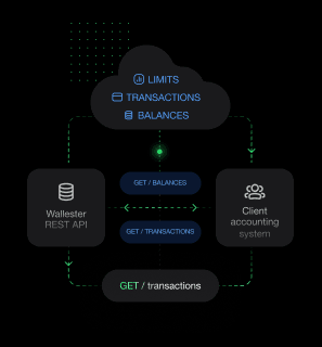 Flowchart showing Wallester REST API syncing transactions and balances with a client accounting system
