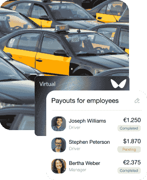 A photo with a taxi company, and an interface with payments to taxi drivers.