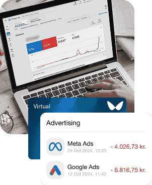 A photo with a laptop showing the interface with Google Ads and Facebook ads