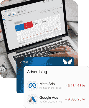 A photo with a laptop showing the interface with Google Ads and Facebook ads