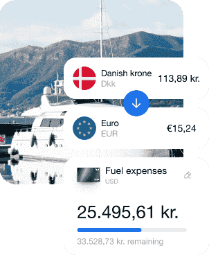A photo of the yacht and an interface with currency conversion and a fuel purchase transaction.
