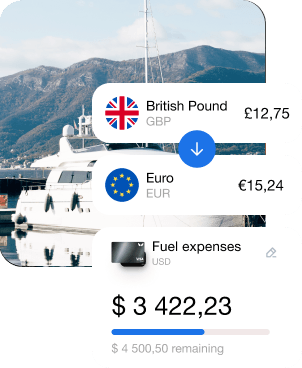 A photo of the yacht and an interface with currency conversion and a fuel purchase transaction.