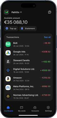 A smartphone with Wallester Business UI dashboard