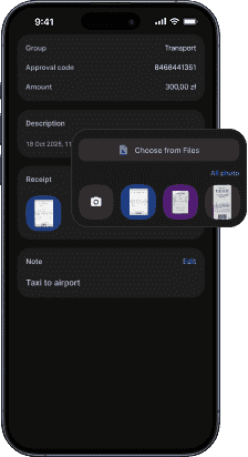 A smartphone with receipt attachment UI