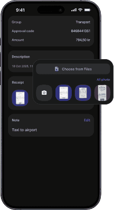 A smartphone with receipt attachment UI