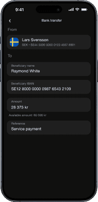 Wallester Business phone UI with a list of accounts