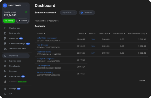 Wallester Business desktop UI with dashboard of summary statement