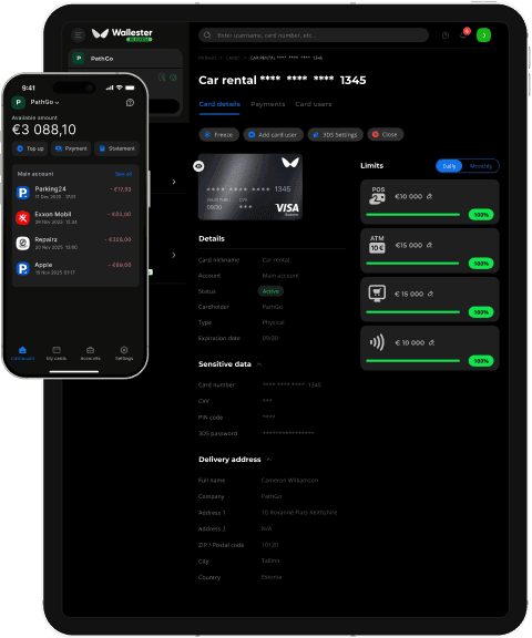 Wallester UI for desktop and mobile devices with dashboard