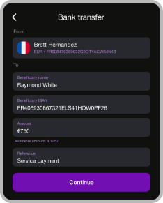 Wallester user interface with bank transfer settings