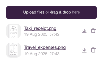 Upload reciepts interface with 2 uploaded files and button