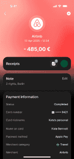 Airbnb payment transaction details in Wallester app