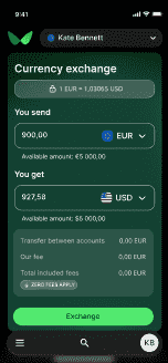 Currency exchange operations in Wallester app on smartphone