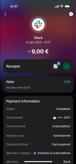 Slack subscription billing details in Wallester app