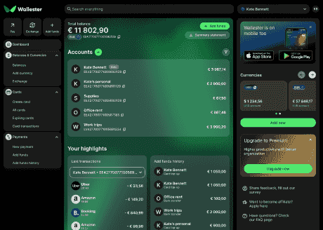 Detailed account balance dashboard in Wallester app on tablet