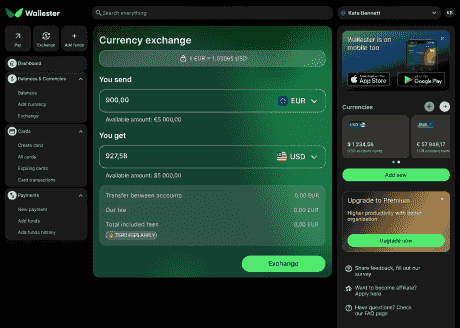 Currency exchange rates and transaction history in Wallester app on tablet
