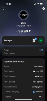 Uber payment transaction details in Wallester app