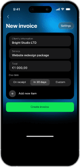 A phone screen with the Wallester app UI for creating a new invoice