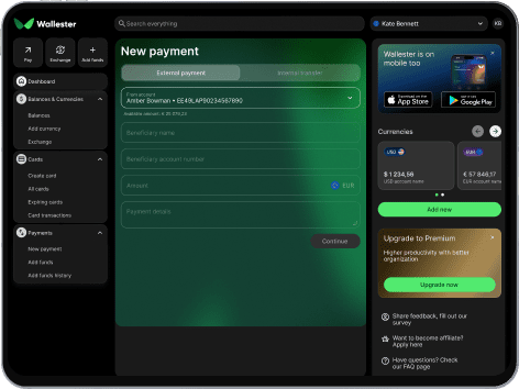 A tablet screen with the Wallester app UI for creating a new payment