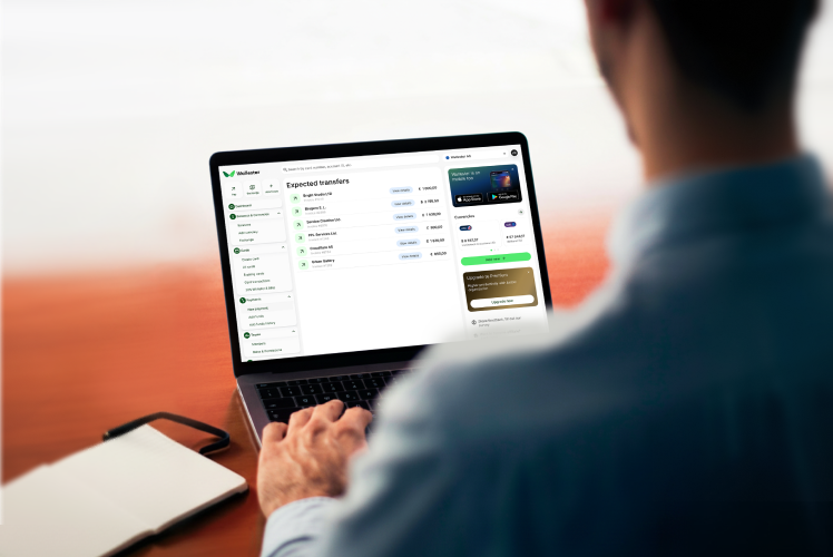 A man with a laptop exploring the expected transfers through the user interface of the Wallester platform