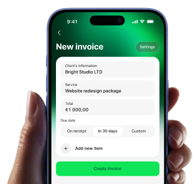 Wallester mobile app UI with a new invoice