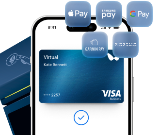 Smartphone with a payment card near a payment terminal and logos of popular digital wallets