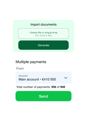 Payments screen for importing documents and sending multiple payments, showing account selection and total number of payments.