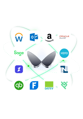 Integrations screen showing connected accounting and business software logos such as Xero, QuickBooks, Oracle, and others.