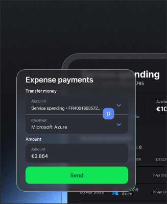 Expense payments modal showing a transfer of €3,864 to Microsoft Azure.