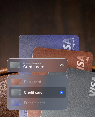 Card program selection menu (Credit, Debit, Prepaid) overlaid on three physical Visa cards.